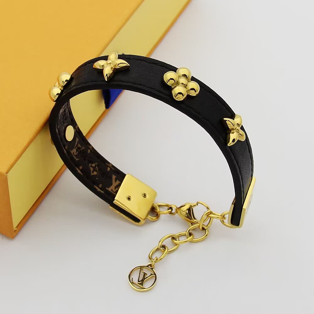 Louis Vuitton Black Leather Bracelet with Gold Accents
